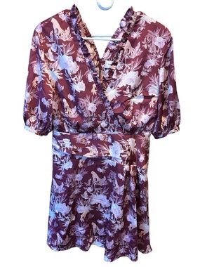 Three Floor Burgundy Floral Wrap Tunic